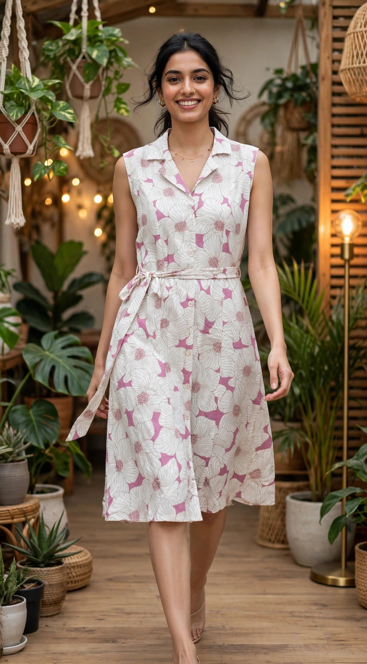 White & Pink Floral Print Rayon Cotton Midi Dress – Sleeveless Belted Dress with Lapel Collar