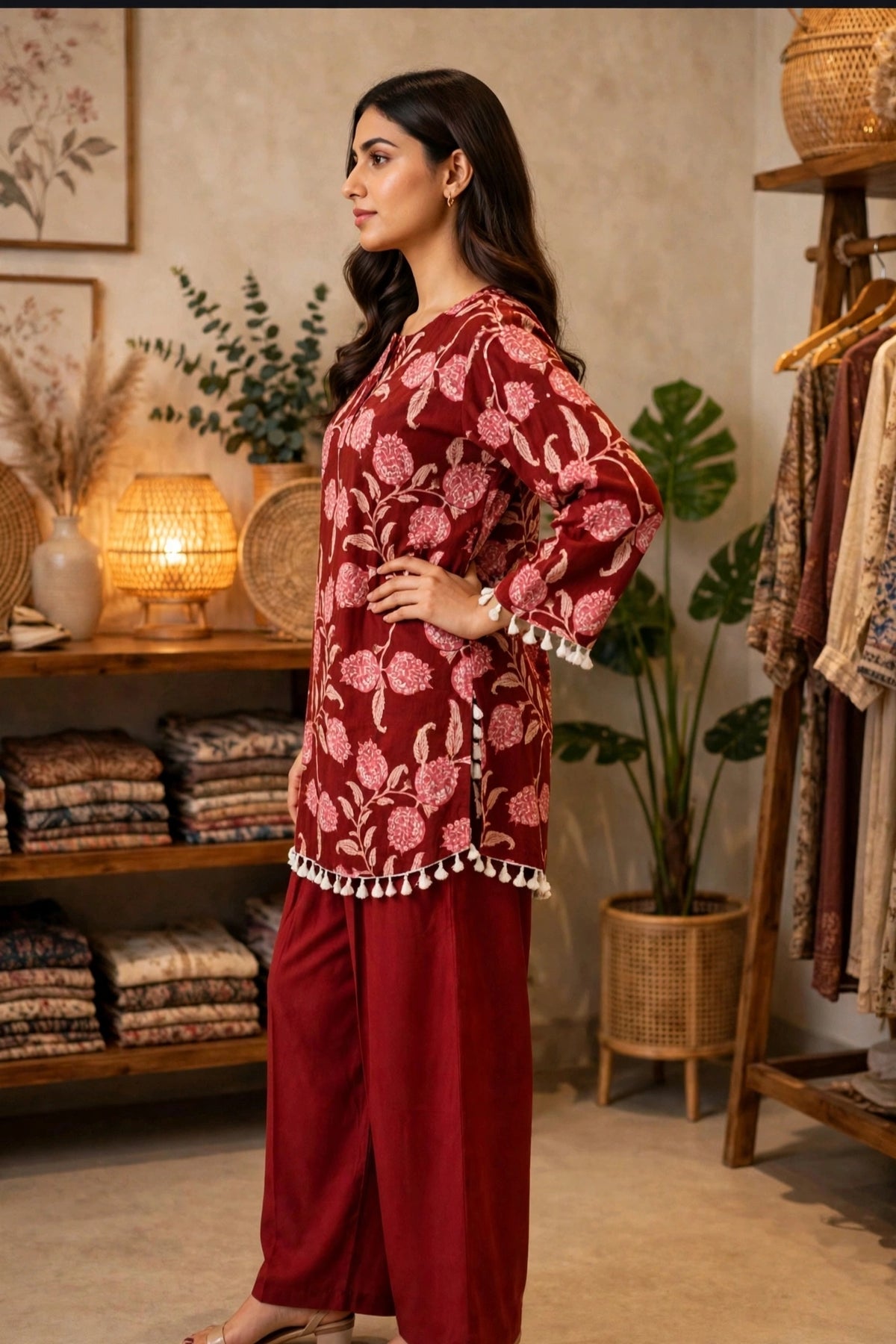 Maroon Floral Print Pure Cotton Co-ord Set – Tassel Trim Kurta with Straight Pants (Set of 2)