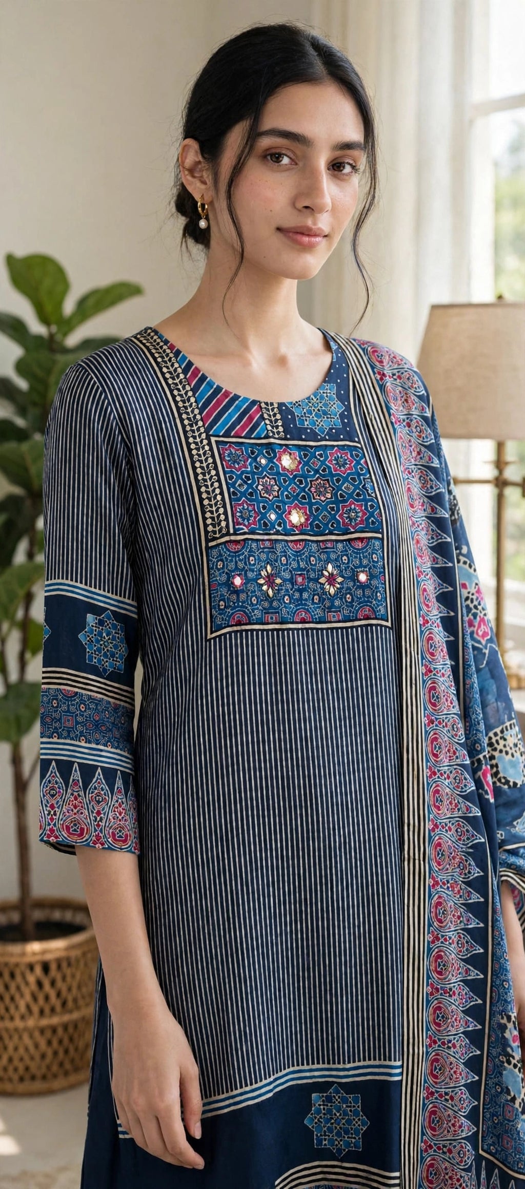 Dark Blue Ikat Print Suit Set with Dupatta – Cotton Lined (Set of 3)
