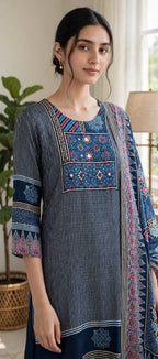 Dark Blue Ikat Print Suit Set with Dupatta – Cotton Lined (Set of 3)