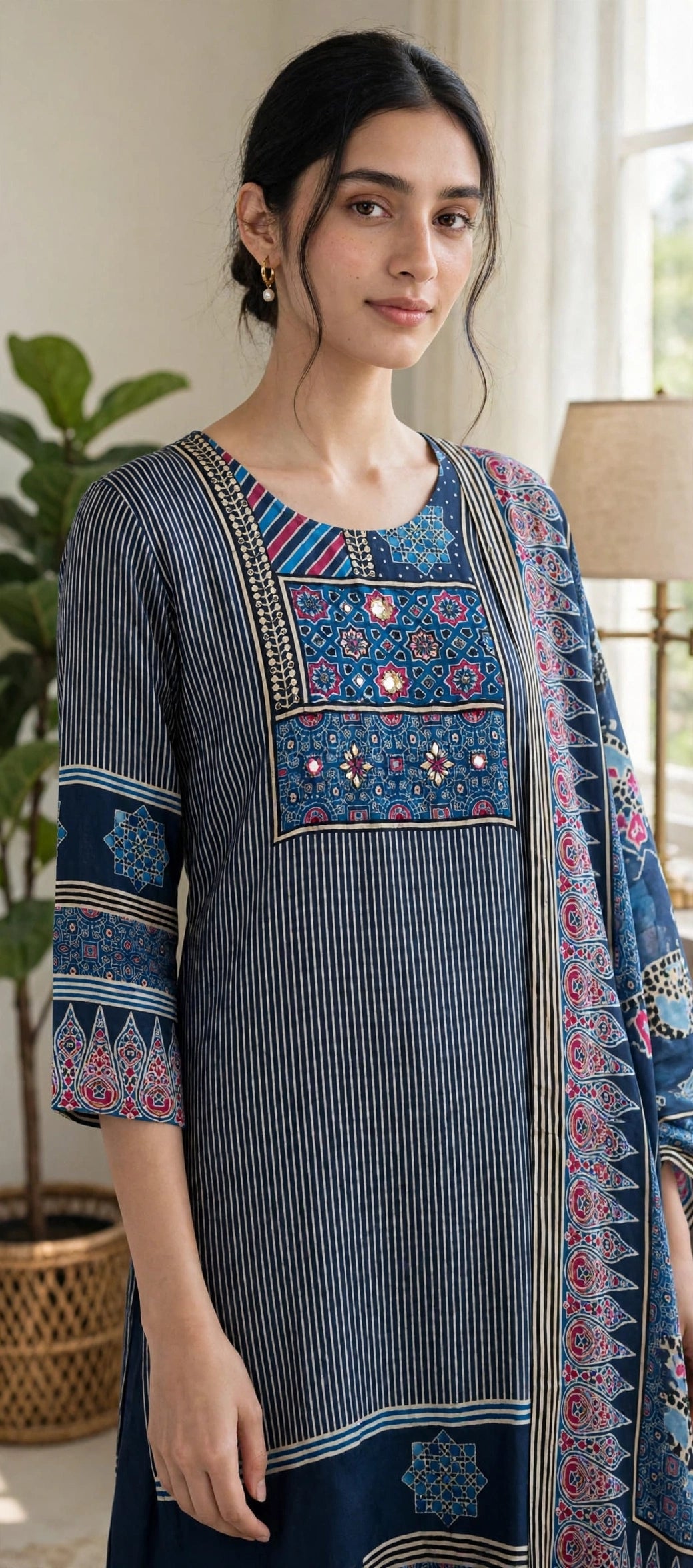Dark Blue Ikat Print Suit Set with Dupatta – Cotton Lined (Set of 3)
