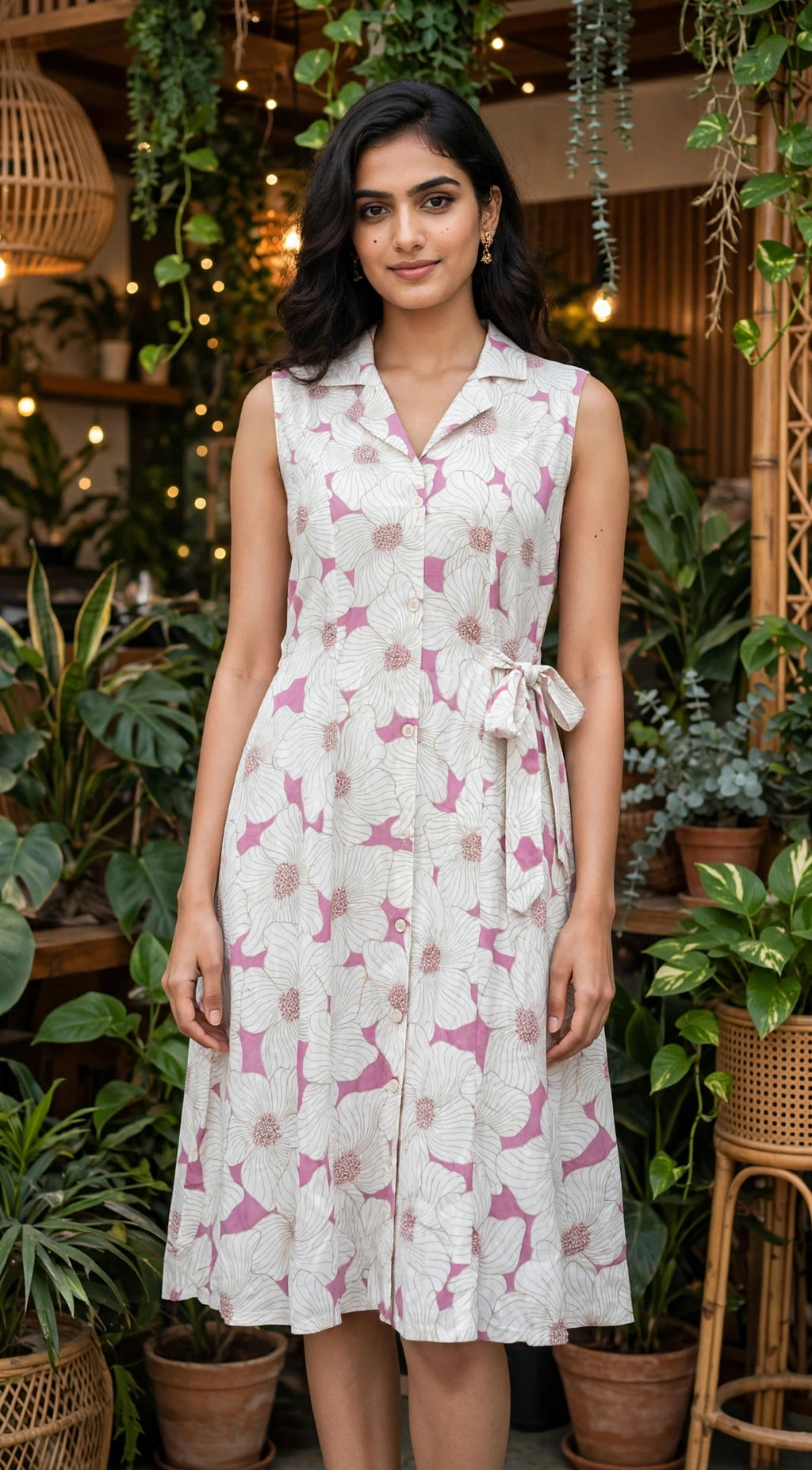 White & Pink Floral Print Rayon Cotton Midi Dress – Sleeveless Belted Dress with Lapel Collar