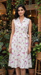 White & Pink Floral Print Rayon Cotton Midi Dress – Sleeveless Belted Dress with Lapel Collar