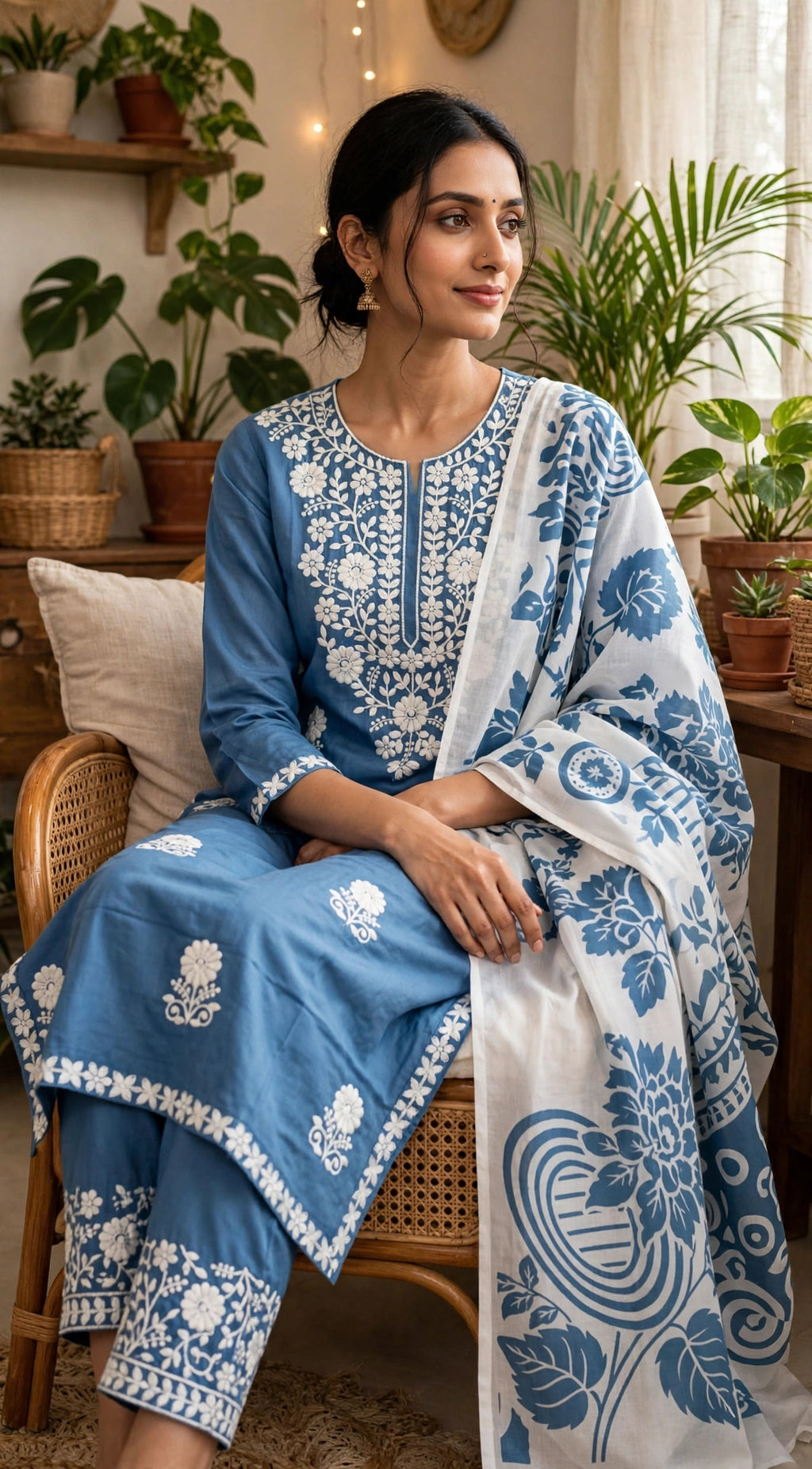 Sky Blue Thread Embroidered Suit Set with Printed Dupatta (Set of 3)