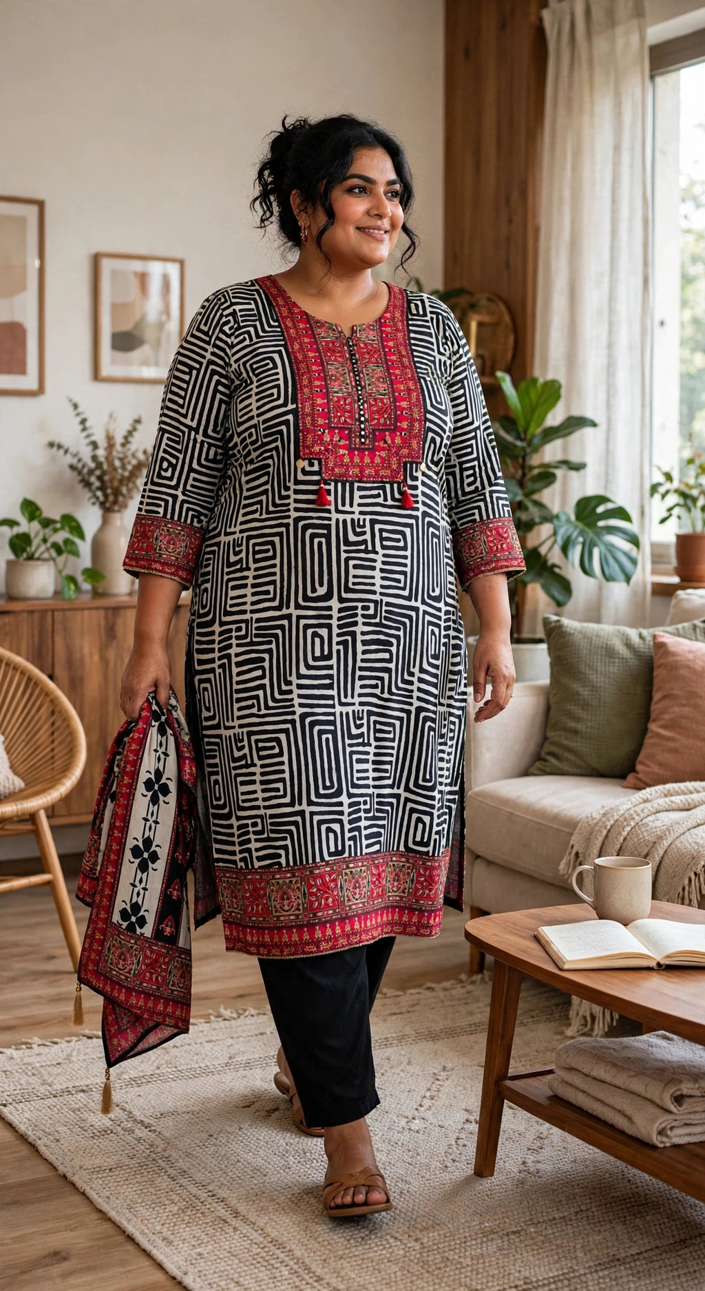 Black & White Geometric Print Plus Size Crepe Suit Set with Dupatta – Cotton Lined (Set of 3)