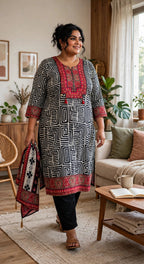 Black & White Geometric Print Plus Size Crepe Suit Set with Dupatta – Cotton Lined (Set of 3)