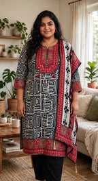 Black & White Geometric Print Plus Size Crepe Suit Set with Dupatta – Cotton Lined (Set of 3)