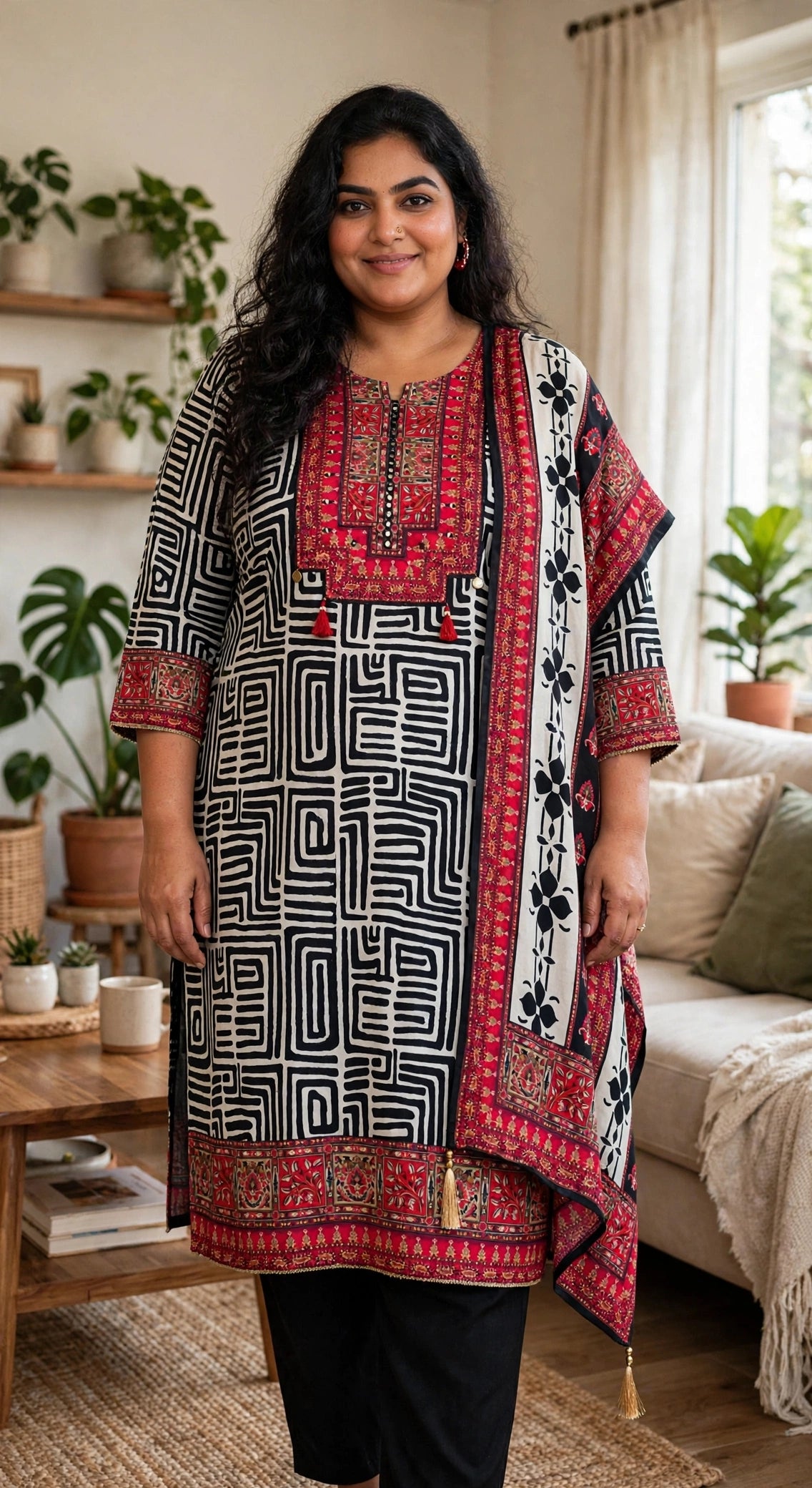 Black & White Geometric Print Plus Size Crepe Suit Set with Dupatta – Cotton Lined (Set of 3)