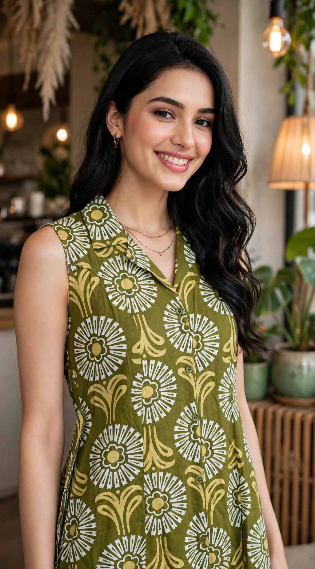 Olive Green Floral Print Rayon Cotton Midi Dress – Sleeveless A-Line Dress with Lapel Collar