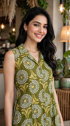 Olive Green Floral Print Rayon Cotton Midi Dress – Sleeveless A-Line Dress with Lapel Collar