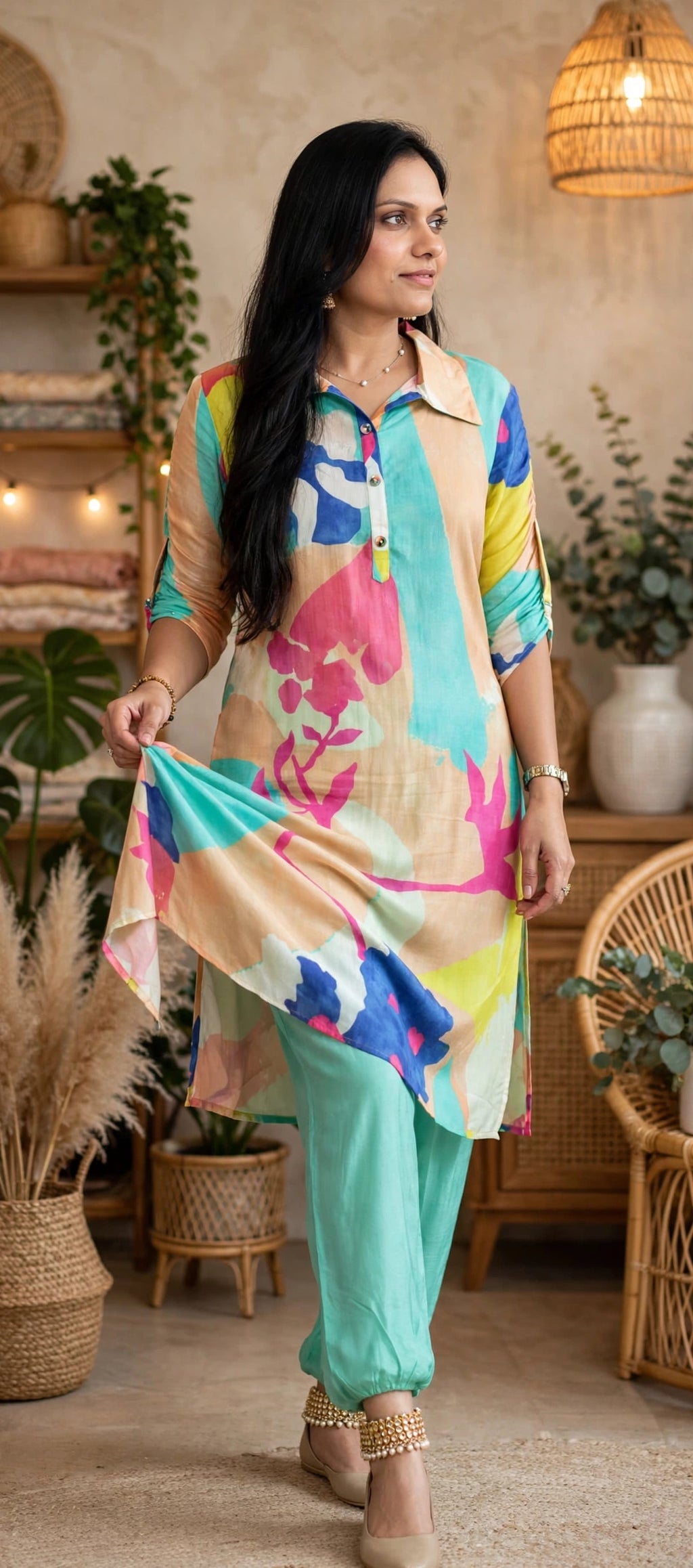 Sea Green Abstract Print Crepe Co-ord Set – Shirt-Collar Kurta with Afghani Pants (Set of 2)