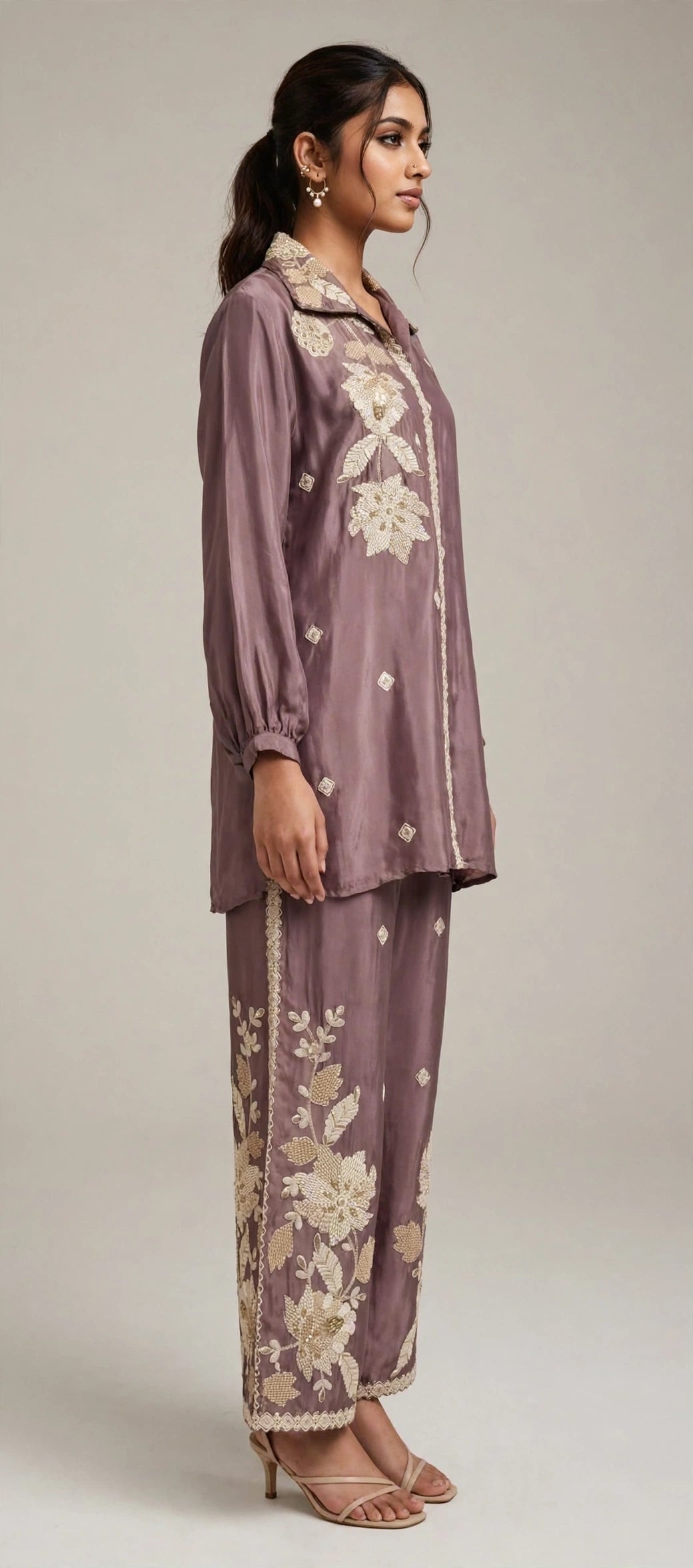 Mauve Floral Embroidered Co-ord Set – Collared Shirt with Embroidered Pants (Set of 2)