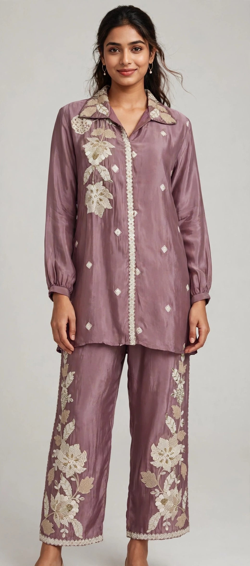 Mauve Floral Embroidered Co-ord Set – Collared Shirt with Embroidered Pants (Set of 2)