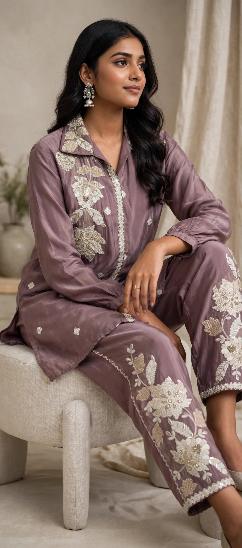 Mauve Floral Embroidered Co-ord Set – Collared Shirt with Embroidered Pants (Set of 2)