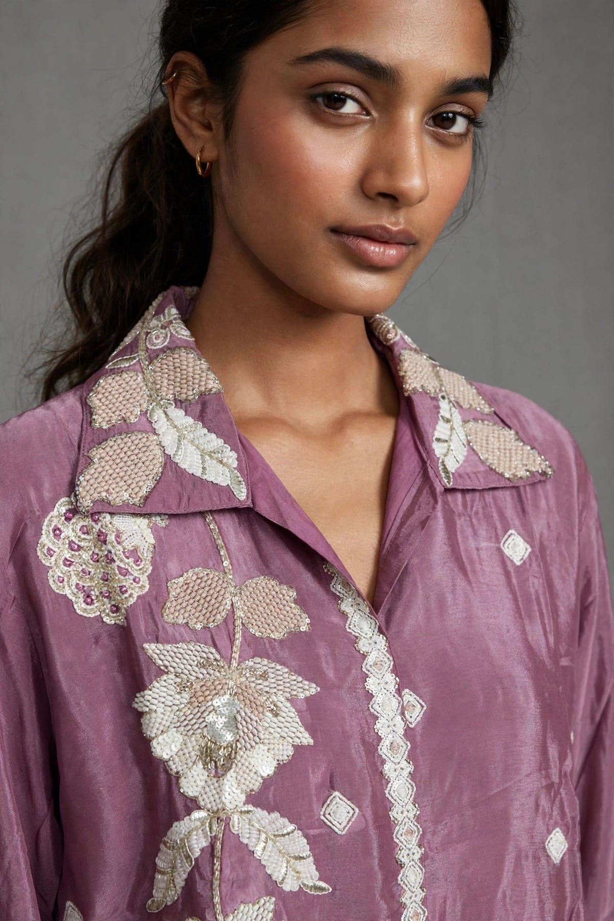 Mauve Floral Embroidered Co-ord Set – Collared Shirt with Embroidered Pants (Set of 2)