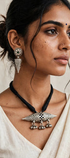 Peacock Boat Pendant Thread Necklace with Cone Jhumka Earrings