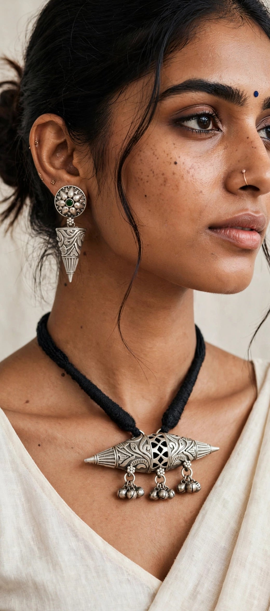 Peacock Boat Pendant Thread Necklace with Cone Jhumka Earrings