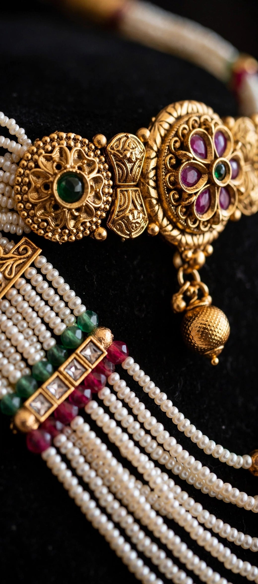 Kumudini – Antique Gold Finish Floral Pearl Choker Set with Jhumka Earrings