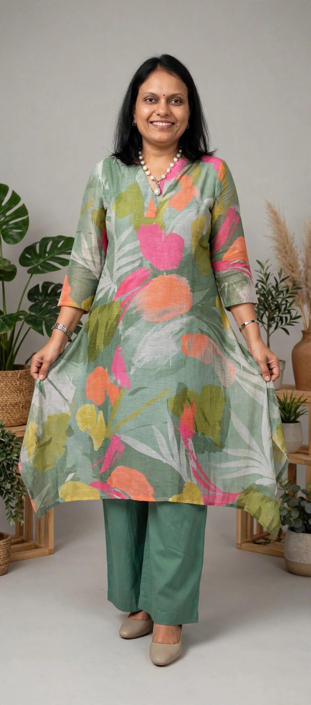 Essential Raw Silk Green Cotton Straight Kurta Palazzo Set