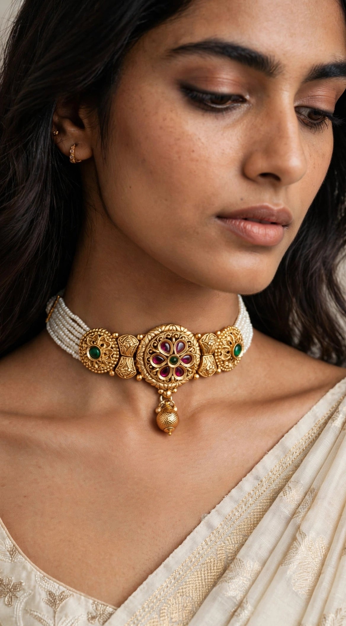 Kumudini – Antique Gold Finish Floral Pearl Choker Set with Jhumka Earrings