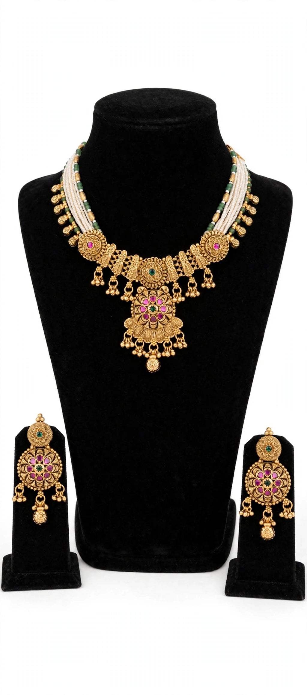 Rajwada – Antique Gold Finish Multi-Strand Pearl Necklace Set with Ruby-Pink Floral Pendant