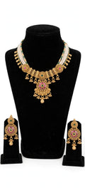 Rajwada – Antique Gold Finish Multi-Strand Pearl Necklace Set with Ruby-Pink Floral Pendant