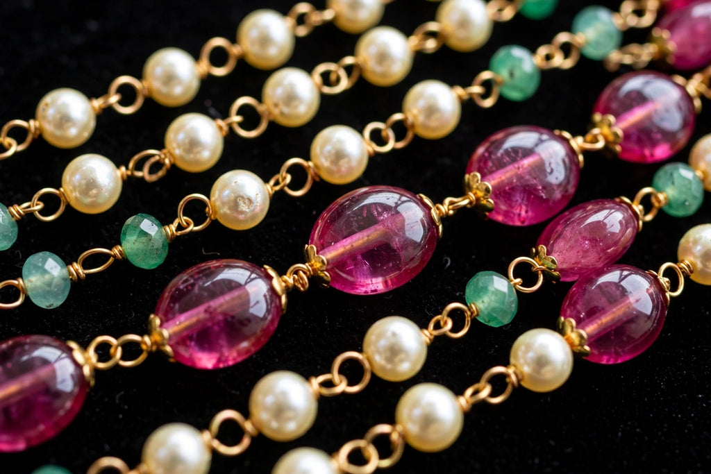 Multi-Strand Pearl Long Necklace Set with Ruby Pink & Green Beads and Tassel Earrings
