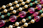 Multi-Strand Pearl Long Necklace Set with Ruby Pink & Green Beads and Tassel Earrings