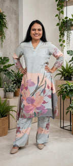 Sage Meadow Abstract Print Spun Cotton Kurta with Teal Palazzo Set