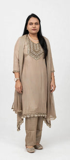 Swarn Rekha – Beige Gold Embellished Festive Suit Set with Scalloped Hem