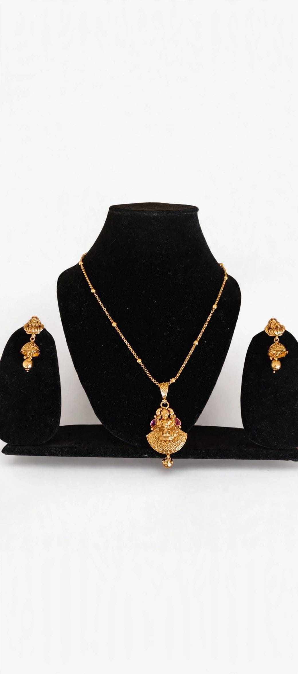 Shri – Antique Gold Finish Lakshmi Temple Pendant Set with Jhumka Earrings