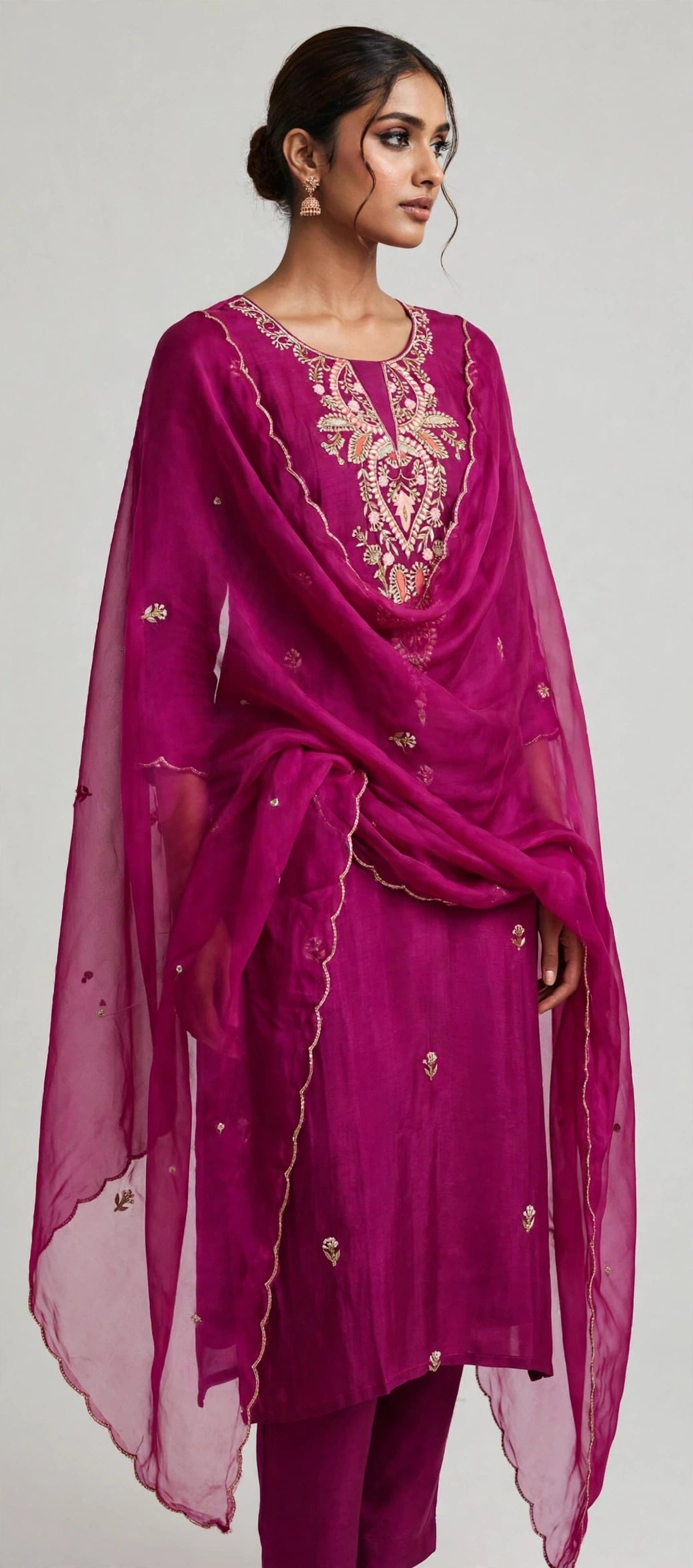 Gulnaar – Rani Pink Zari Embroidered Festive Suit Set with Scalloped Dupatta