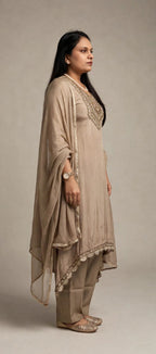 Swarn Rekha – Beige Gold Embellished Festive Suit Set with Scalloped Hem