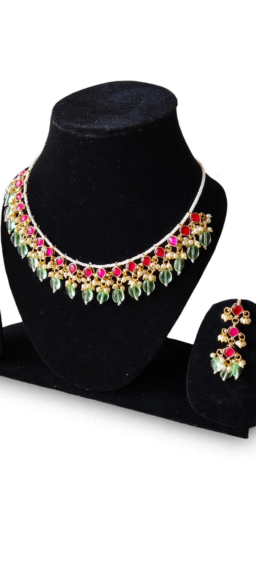 Ruby Pink & Mint Green Bead Drop Pearl Choker Necklace Set with Earrings