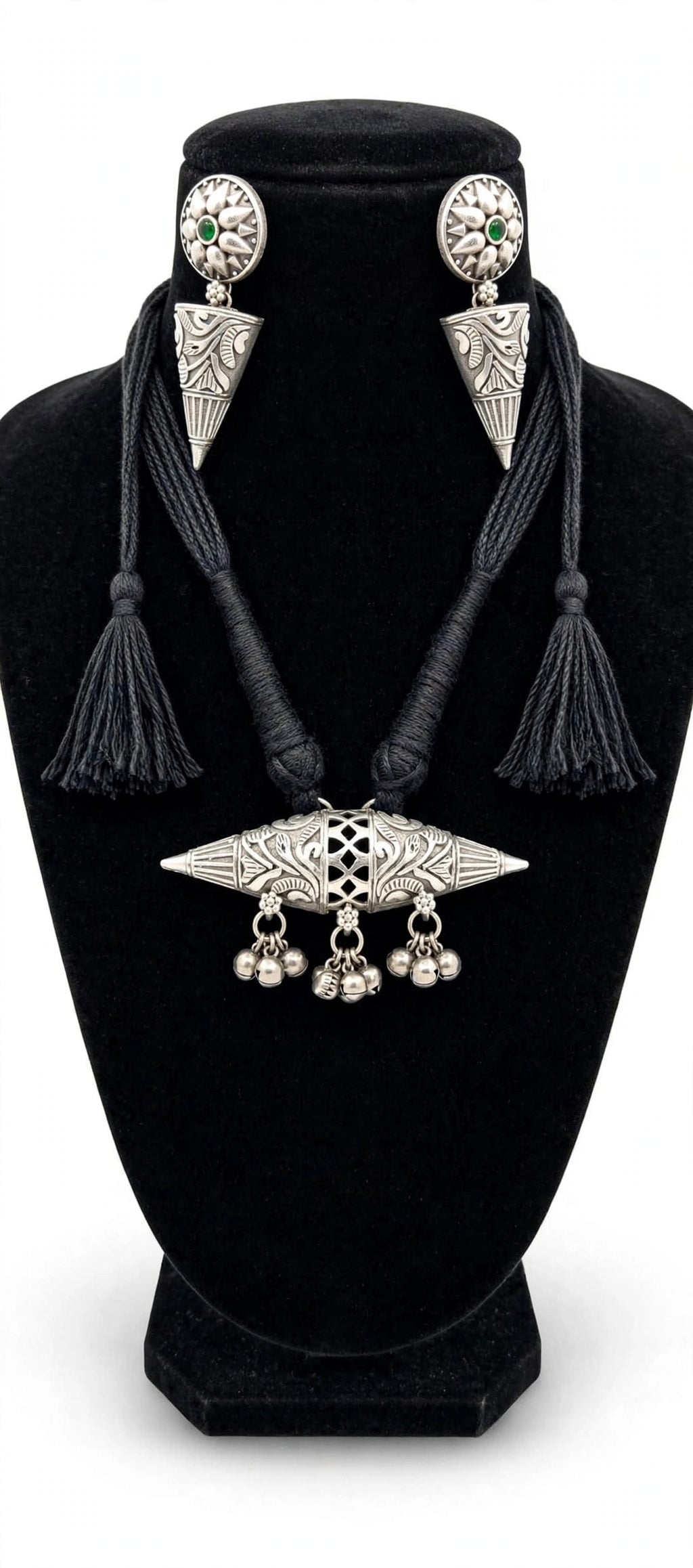 Peacock Boat Pendant Thread Necklace with Cone Jhumka Earrings