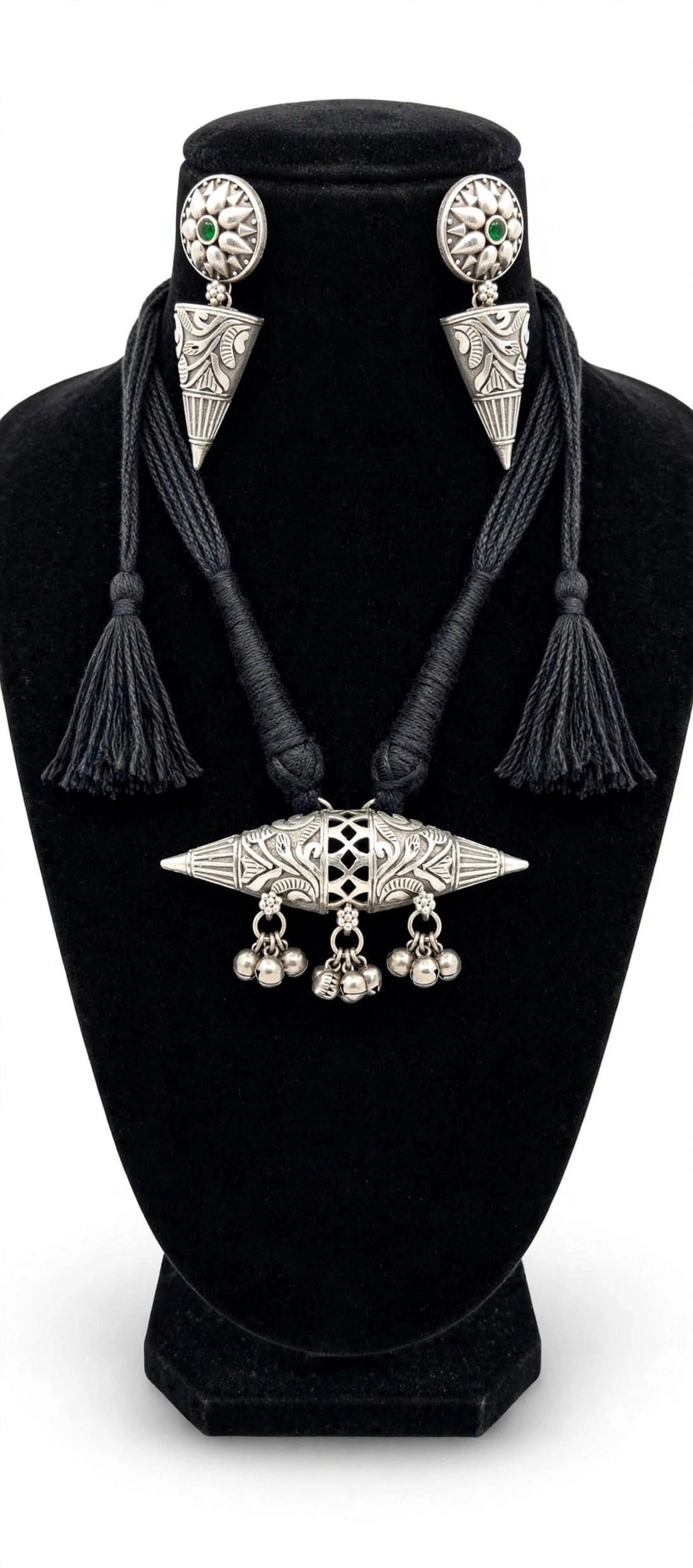 Peacock Boat Pendant Thread Necklace with Cone Jhumka Earrings