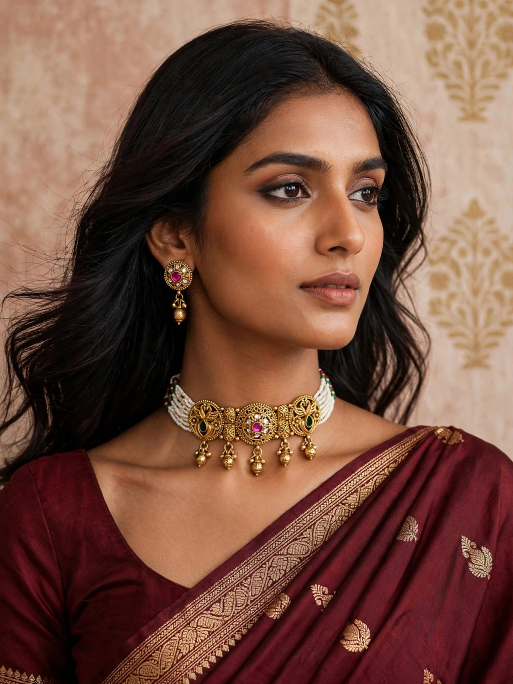 Mayuri – Antique Gold Finish Peacock Pearl Choker Set with Ghungroo Drops