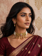 Mayuri – Antique Gold Finish Peacock Pearl Choker Set with Ghungroo Drops