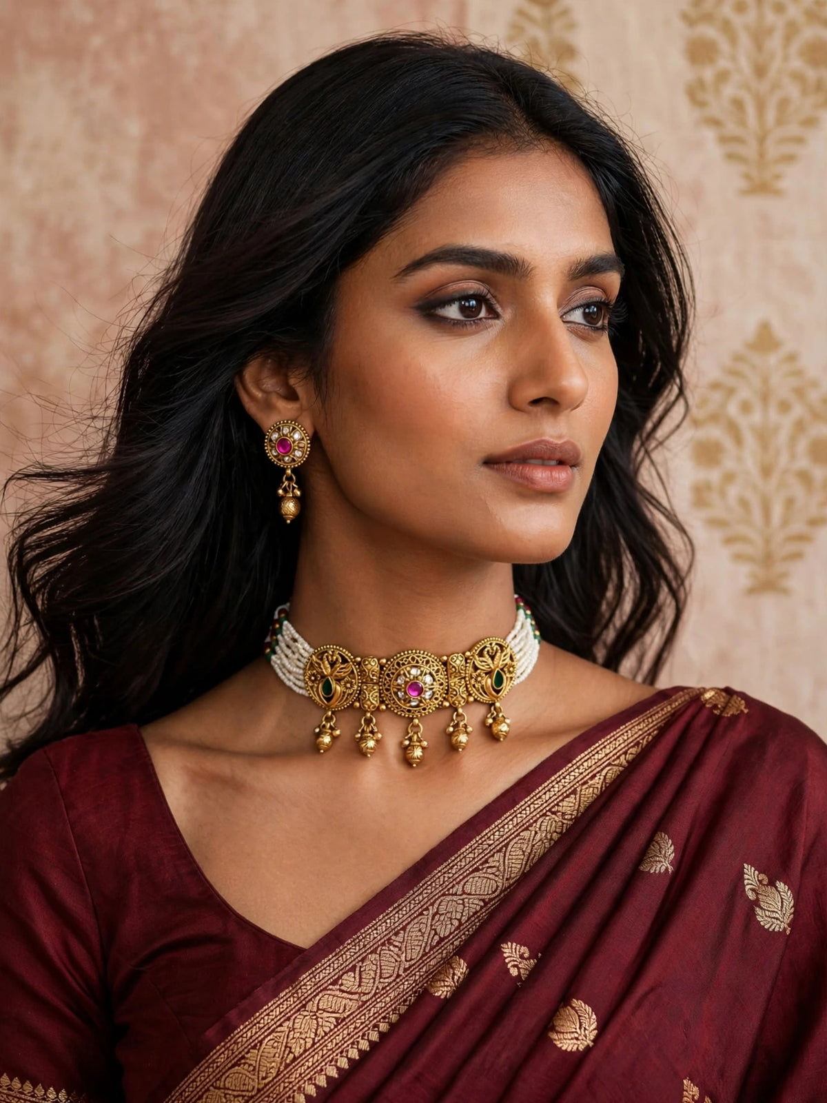 Mayuri – Antique Gold Finish Peacock Pearl Choker Set with Ghungroo Drops
