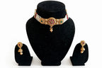Kumudini – Antique Gold Finish Floral Pearl Choker Set with Jhumka Earrings