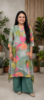 Essential Raw Silk Green Cotton Straight Kurta Palazzo Set