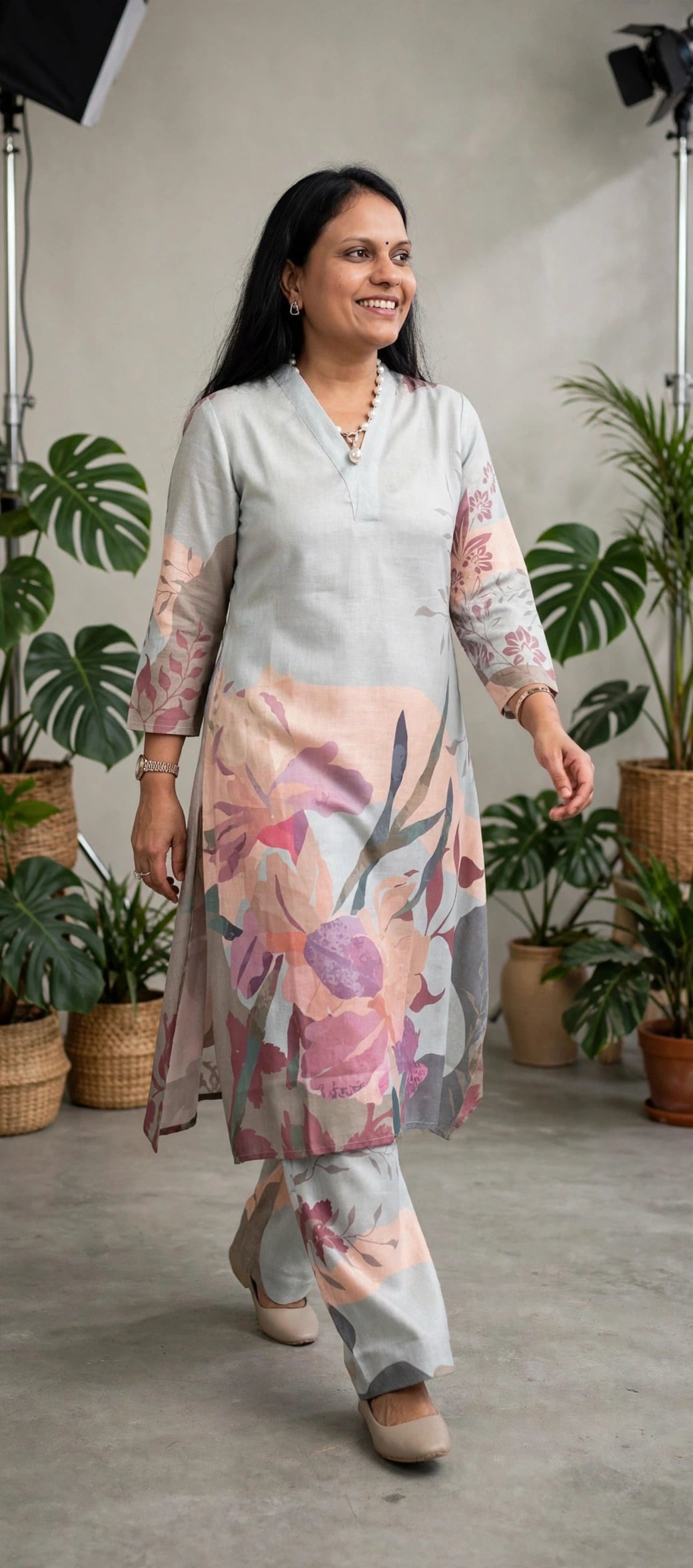 Sage Meadow Abstract Print Spun Cotton Kurta with Teal Palazzo Set