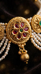 Kumudini – Antique Gold Finish Floral Pearl Choker Set with Jhumka Earrings