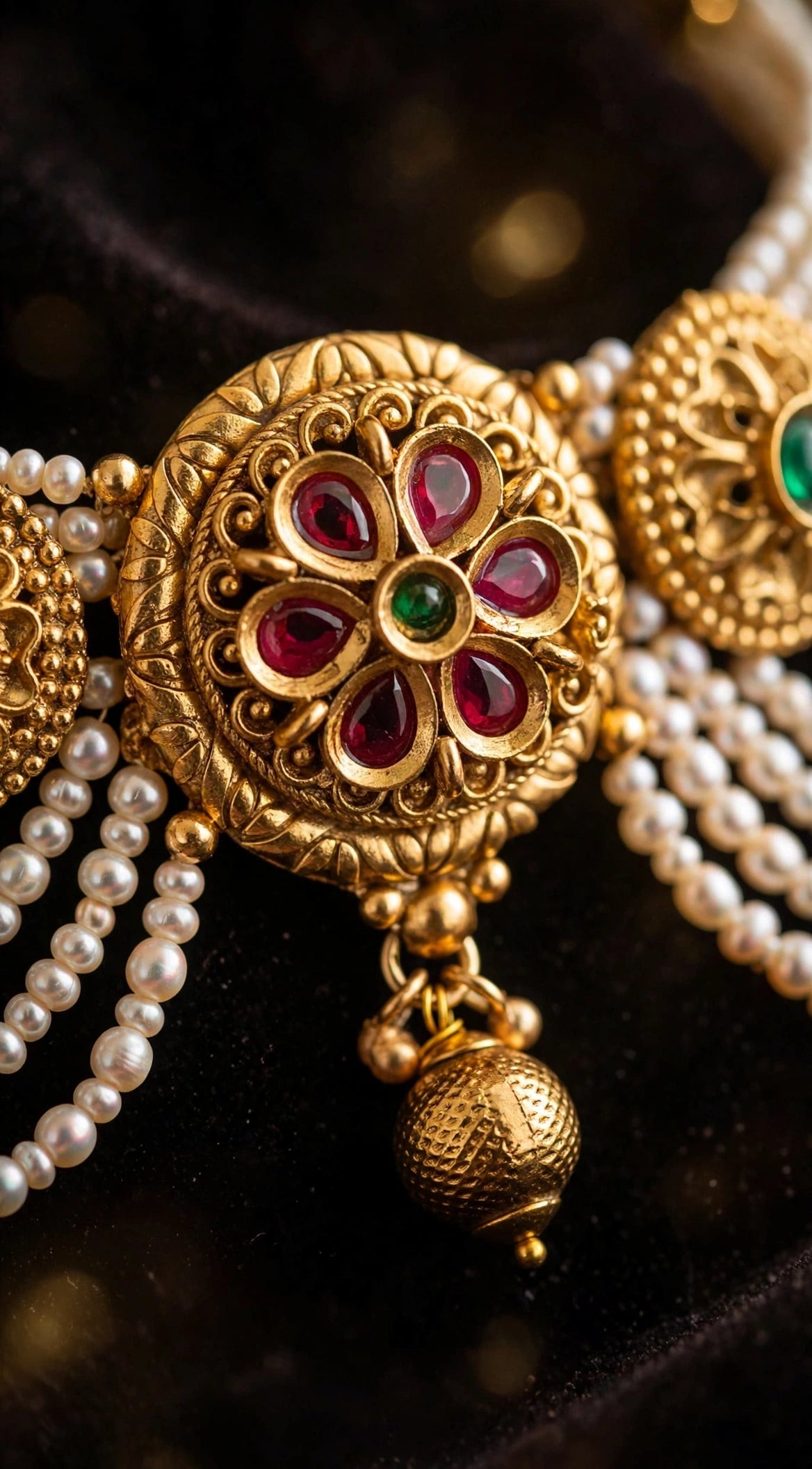Kumudini – Antique Gold Finish Floral Pearl Choker Set with Jhumka Earrings