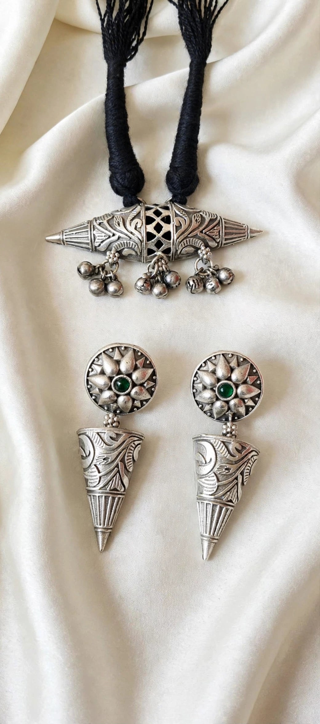 Peacock Boat Pendant Thread Necklace with Cone Jhumka Earrings