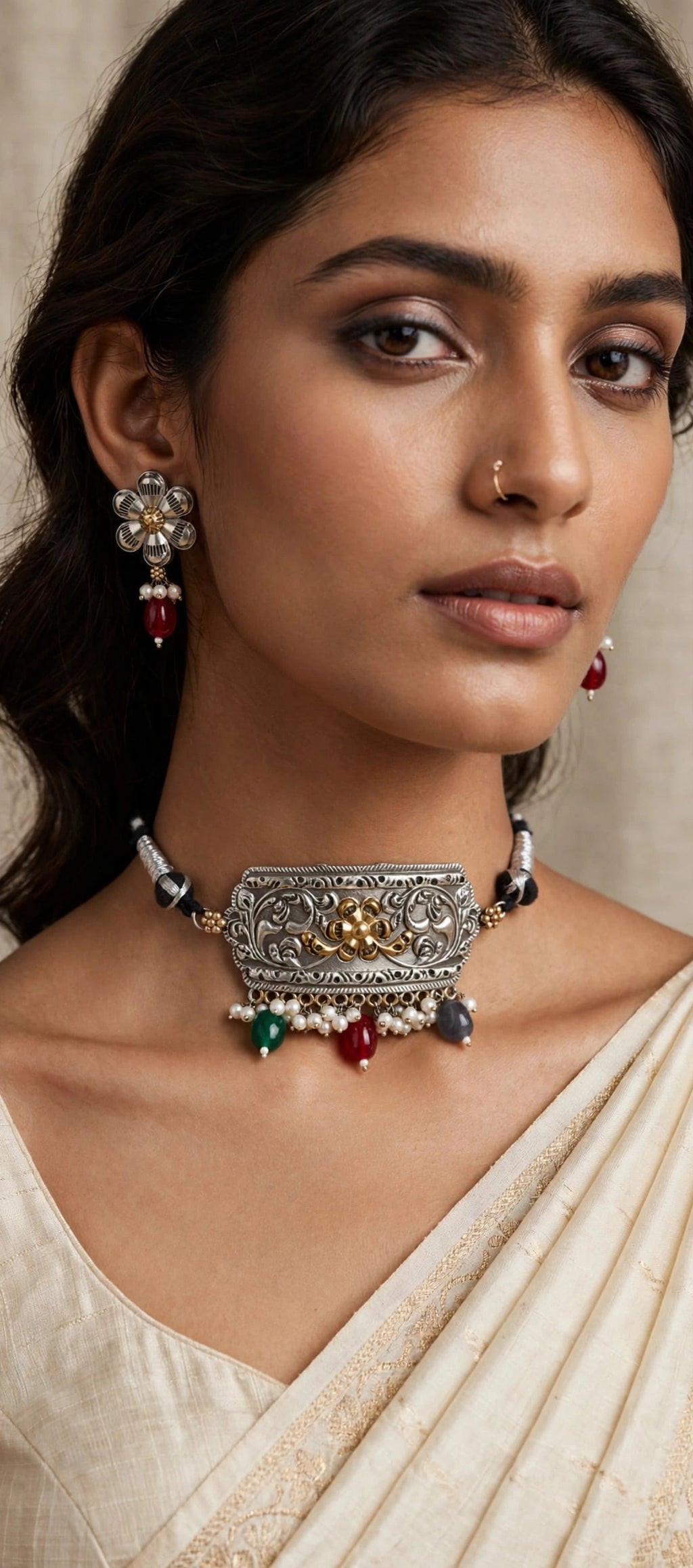 Dual-Tone Floral Plate Choker Set with Pearl Fringe