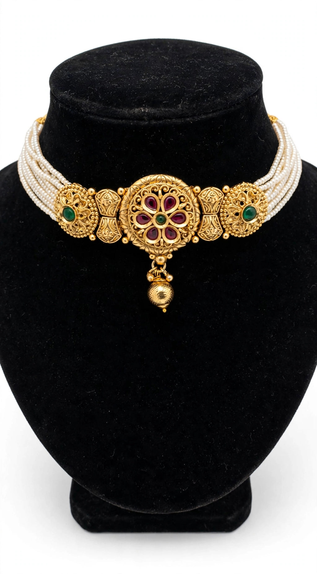 Kumudini – Antique Gold Finish Floral Pearl Choker Set with Jhumka Earrings