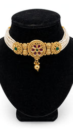 Kumudini – Antique Gold Finish Floral Pearl Choker Set with Jhumka Earrings