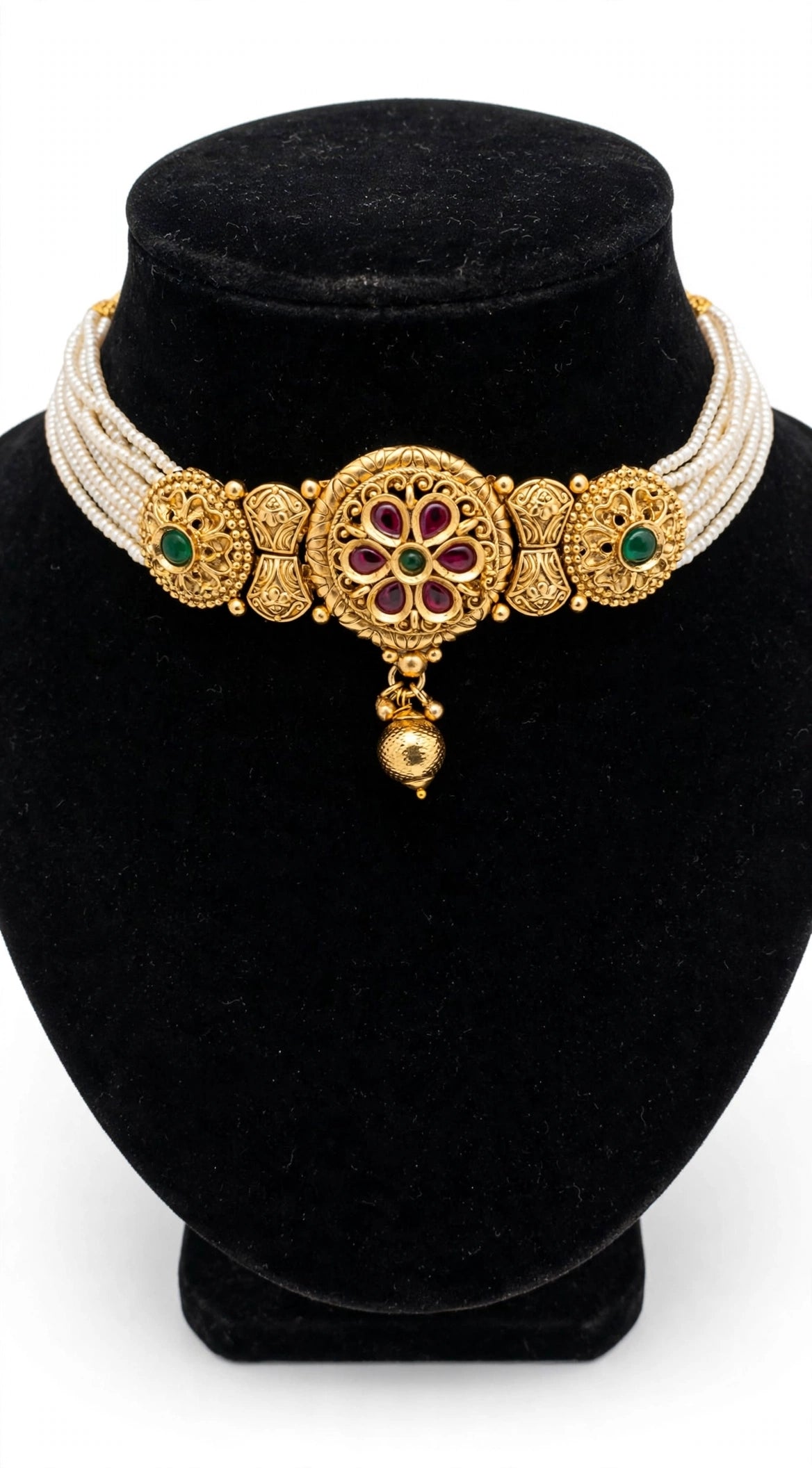 Kumudini – Antique Gold Finish Floral Pearl Choker Set with Jhumka Earrings