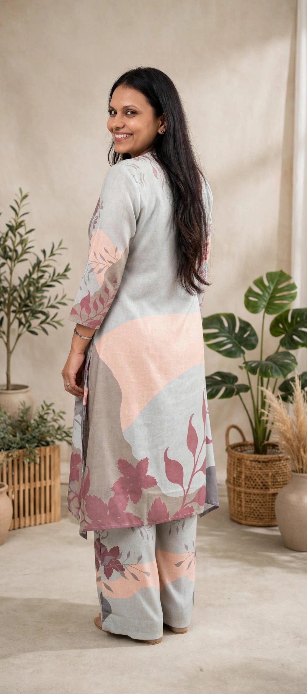 Sage Meadow Abstract Print Spun Cotton Kurta with Teal Palazzo Set